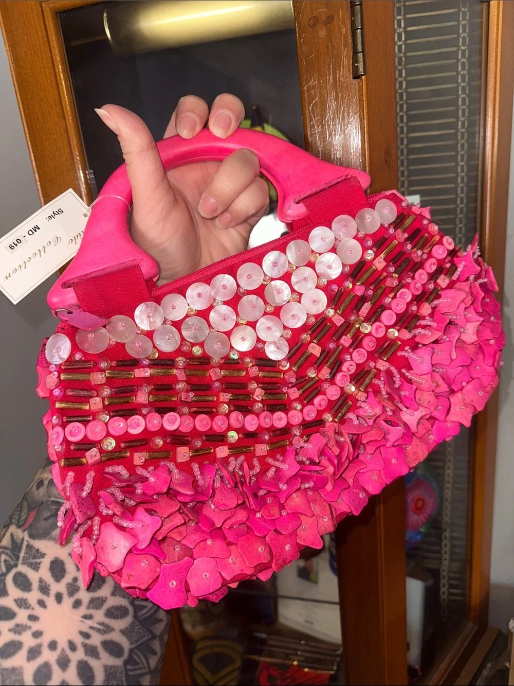 Hot Pink Beaded Clutch with Decorative Handle
